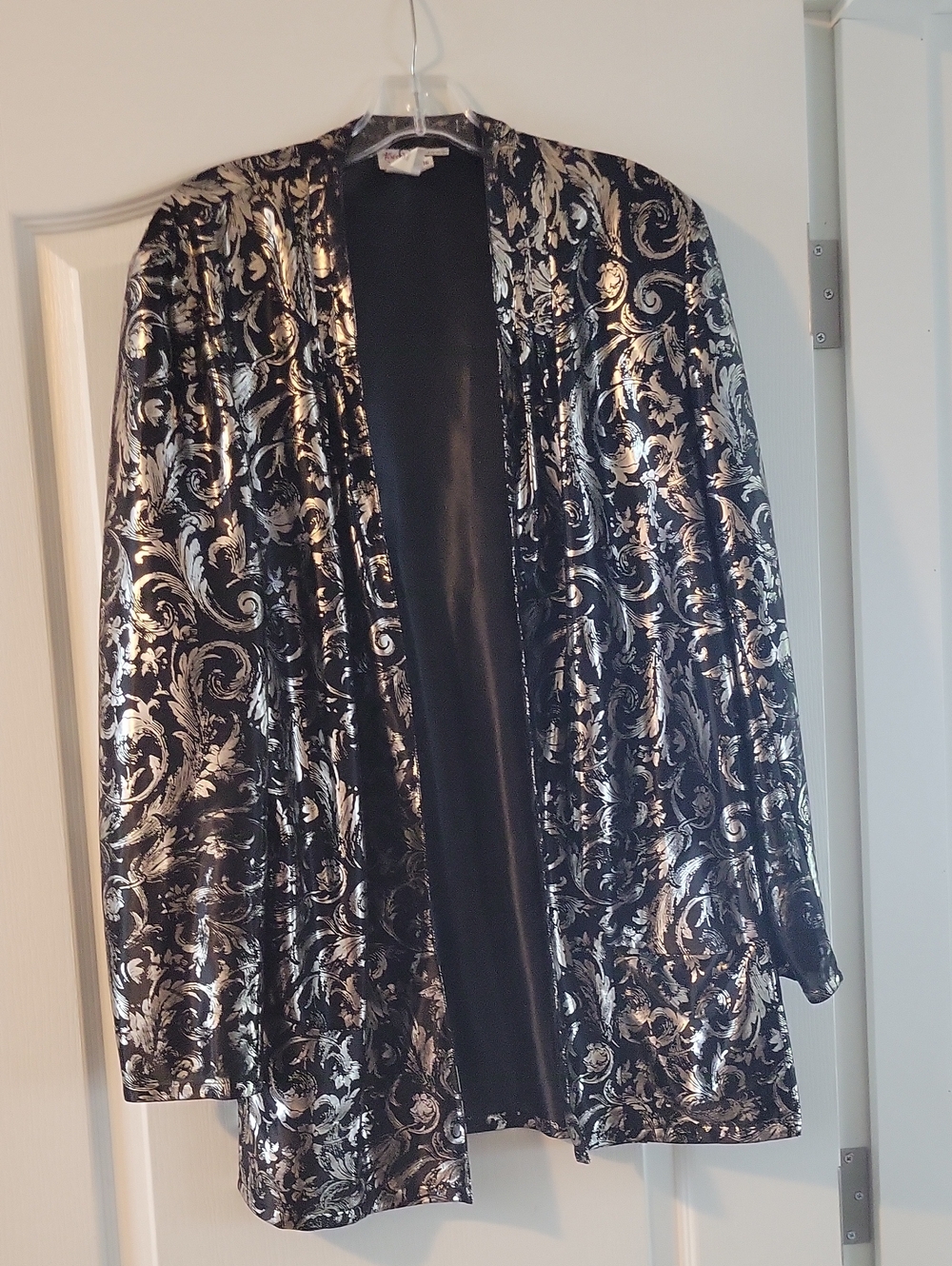 Metallic Silver Scroll Open-Front Women's Cardigan Sweater